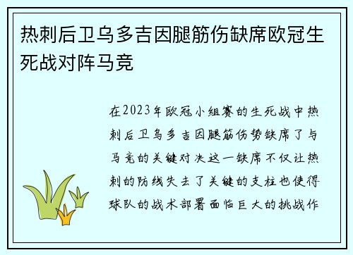 热刺后卫乌多吉因腿筋伤缺席欧冠生死战对阵马竞